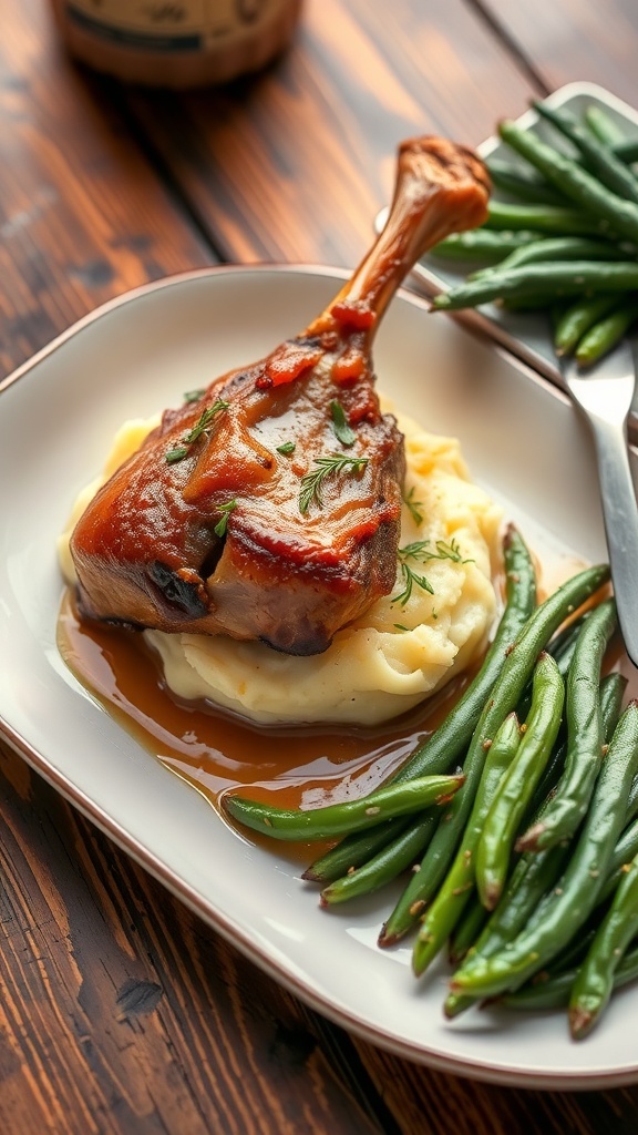 Duck Confit Recipe Crispy duck confit leg on mashed potatoes with green beans, garnished with herbs.